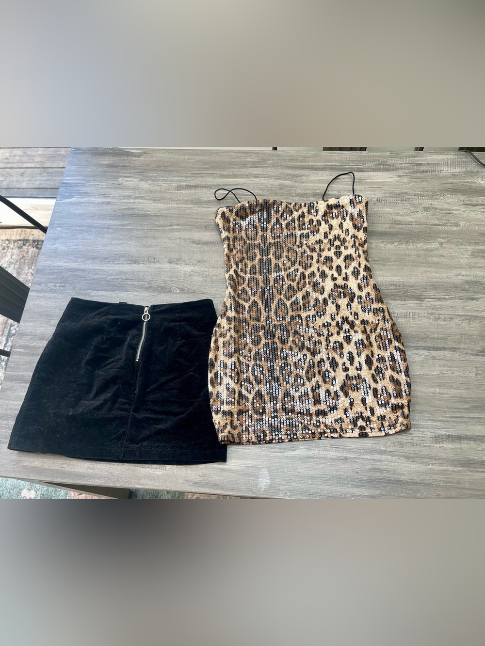 Leopard Sequin Mini Dress and Black Faux suede  mini skirt